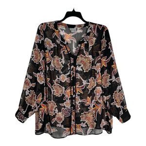 Liz Claiborne Signature Women Size 2X Sheer Floral Long Sleeve Top Blouse